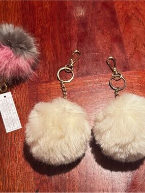 (2)Cream (1)Pink/Gray Faux Fur Pom Pom Keychain/Purse Accessory w/ Gold Hardware
